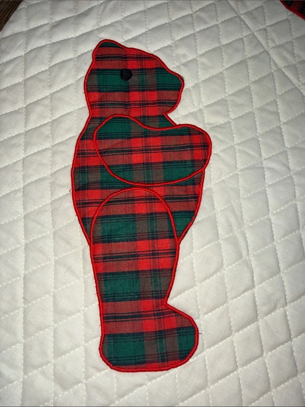 Vintage Bear Red & Plaid Quilted Tree Skirt With Lace and Red Ruffle